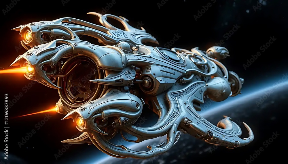 Poster futuristic spaceship design in deep space orbiting planet