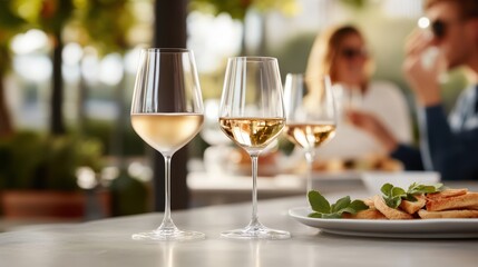 Enjoying white wine in a sunlit cafe with friends and delicious snacks