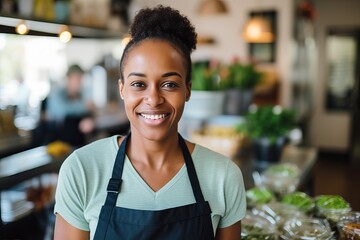 Smiling woman in apron stands proudly in a vibrant market space. Generative AI