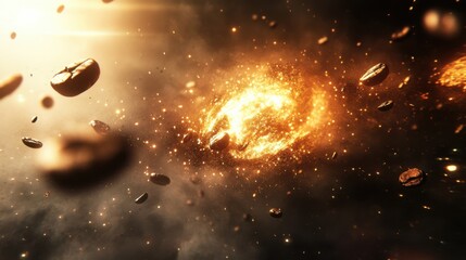Naklejka premium Cosmic scene depicting swirling galaxies and floating debris in a vibrant space environment