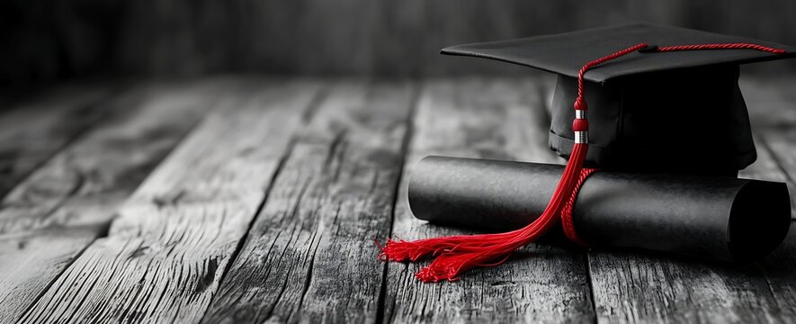 Black graduation cap with a red tassel and a rolled-up diploma on a wooden surface, symbolizing academic achievement and graduation.