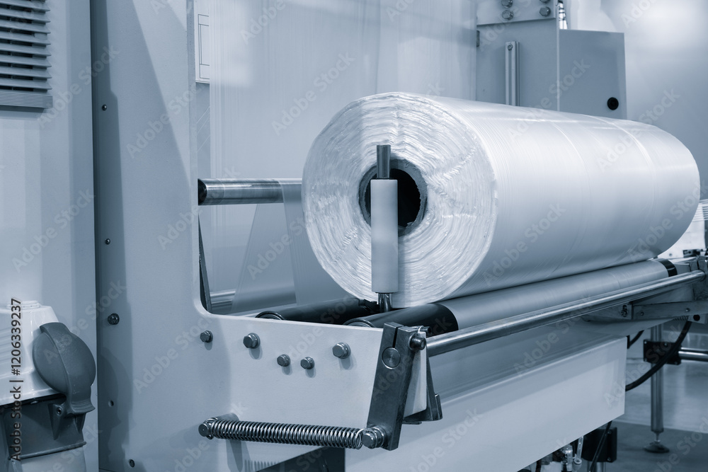 Poster automatic polyethylene plastic bag production machine with lighting effect. close-up of the roller o