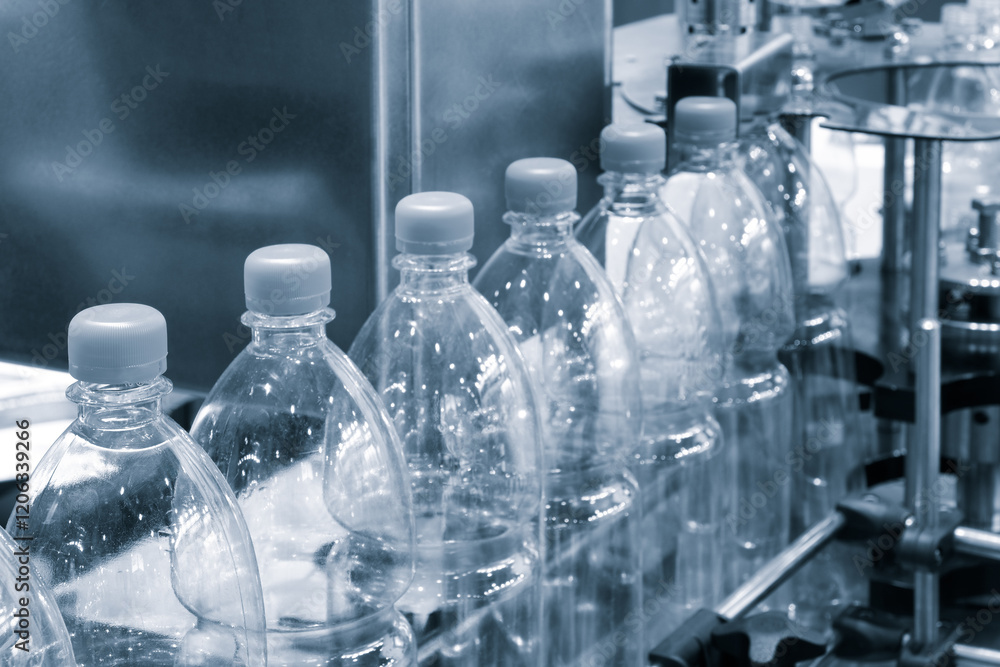 Poster bottles of water are being filled at a factory. the bottles are clear and have a plastic cap