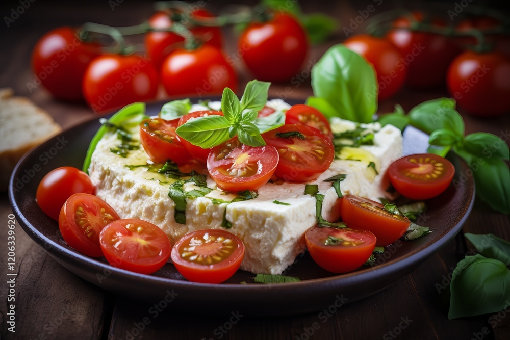 Poster fresh basil and tomatoes complement creamy cheese on a rustic wooden table. generative ai