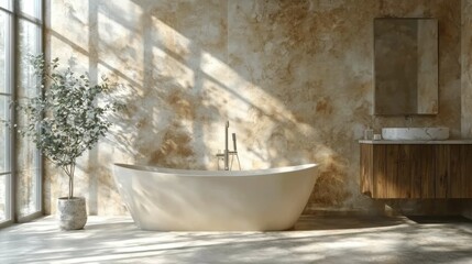 A serene bathroom featuring a freestanding tub, natural light, and earthy textures. A stylish blend of neutral tones creates a calming ambiance.
