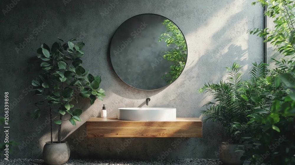 Sticker This serene bathroom features a circular mirror and a wooden sink. Lush greenery adds a touch of nature to the minimalist design.