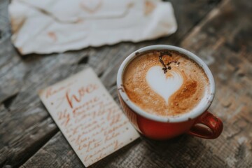 Warm cup of coffee with heart latte art on wooden table next to handwritten note