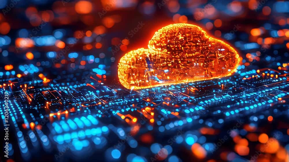 Poster abstract glowing orange cloud symbol over circuit board, representing cloud computing and digital da