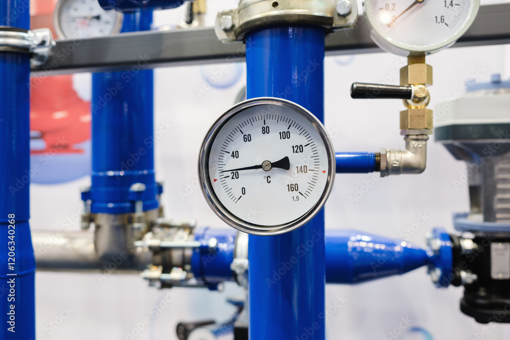 Poster A blue pipe with a white and black thermometer on it. The thermometer is showing a temperature of 100 degrees