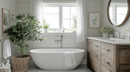 A serene bathroom featuring a freestanding tub, wooden vanity, and natural light. Plants add a touch of greenery, enhancing the cozy aesthetic.