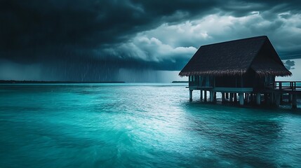 Overwater bungalow during a tropical rainstorm