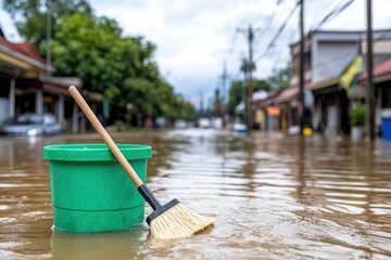 Obraz premium A flooded street scene with a green bucket and broom, showcasing the aftermath of heavy rainfall and water accumulation.
