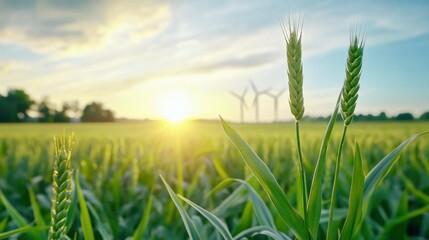 Obraz premium A serene landscape featuring green wheat fields under a bright sky with wind turbines in the background, illuminated by the warm glow of the setting sun.