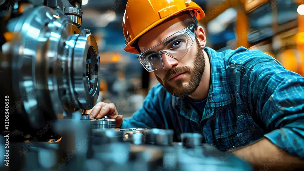 Poster an engineer wearing safety glasses and helmet, closely inspecting a cnc machine part for quality and