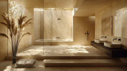 A spacious bath room with natural light, featuring clean lines and neutral tones. The decor includes soft textures and natural materials for a cozy atmosphere.