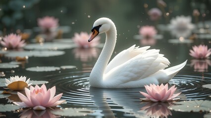 Graceful Encounter: A Majestic Swan Surrounded by Floating Lotus Flowers