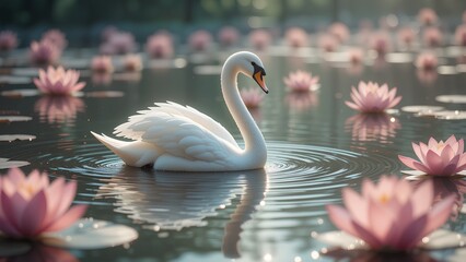 Graceful Encounter: A Majestic Swan Surrounded by Floating Lotus Flowers