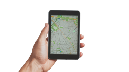Hand holding gps digital tablet on transparent background