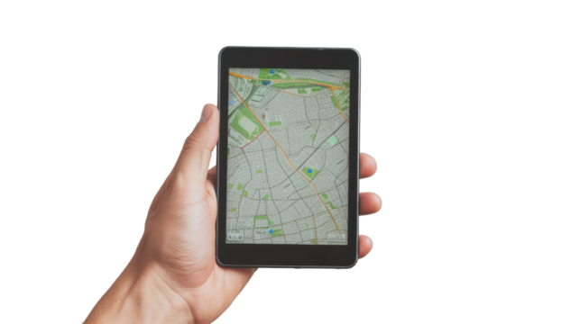 Hand holding gps digital tablet on transparent background - Powered by Adobe