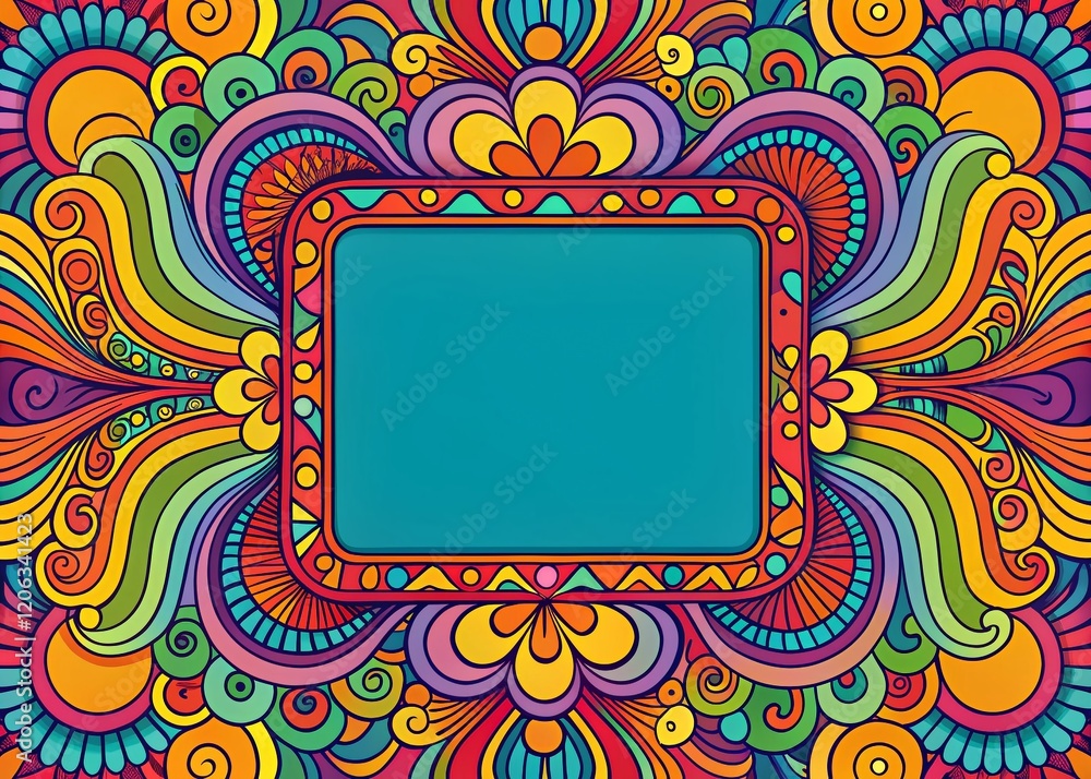 Poster retro psychedelic multicolored hand-drawn text box frame for social media posts and stories - groovy