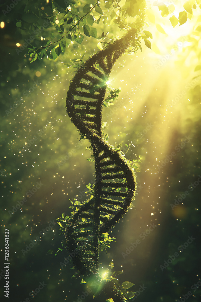 Poster Intricate green DNA helix intertwined with leaves illuminated by soft sunlight in a tranquil nature setting