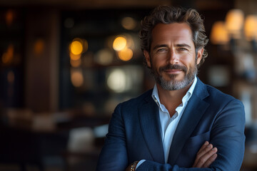 Happy middle aged business man ceo standing in office arms crossed. Smiling mature confident professional executive manager, proud lawyer, businessman leader wearing blue suit