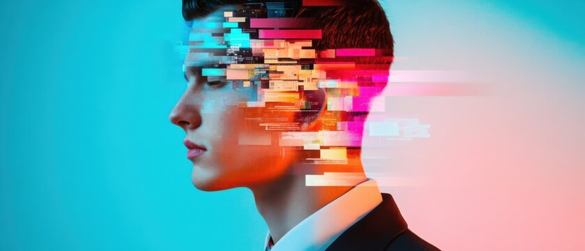 Man with digital glitch effect on face, concept of technology, data, and artificial intelligence