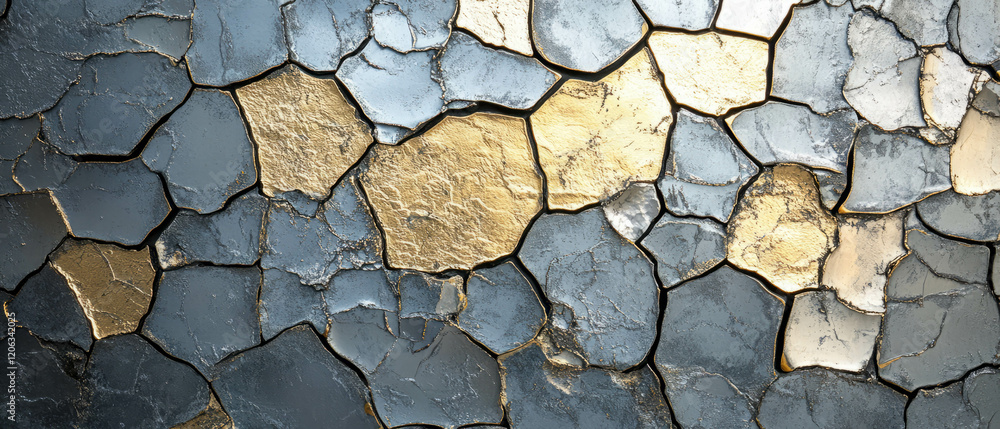 Poster hammered aluminum surface with unique texture and irregular patterns in cool tones