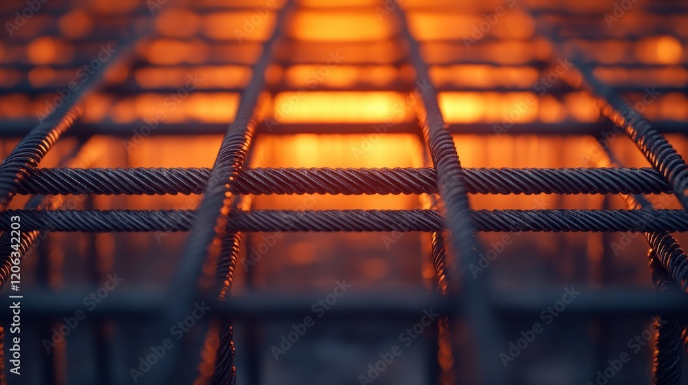 Poster a close-up view of a metal grid, illuminated by a warm light, showcasing textures and patterns in a 