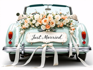 Wedding car with flowers, "Just Married" sign, vintage style, elegant decoration.