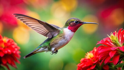 Fototapeta premium Ruby-Throated Hummingbird in Flight, Nectar Feeding, Close Up, Wildlife Photography