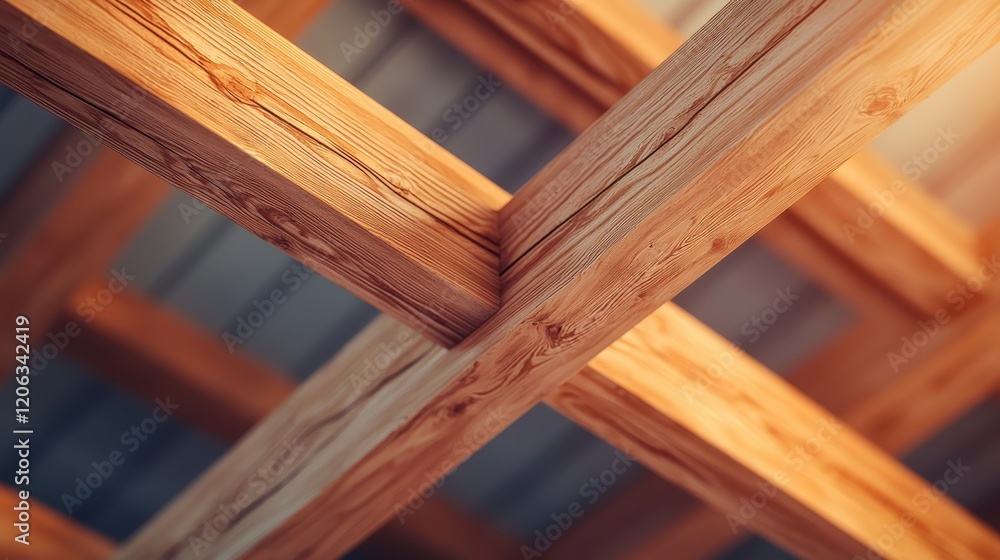 Poster a close-up view of wooden beams intersecting in a crisscross pattern, showcasing the texture and nat