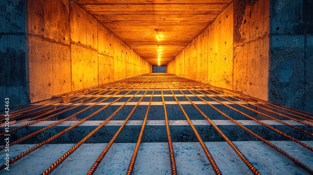 Aufkleber a perspective view of a concrete structure illuminated by warm light, showcasing steel reinforcement