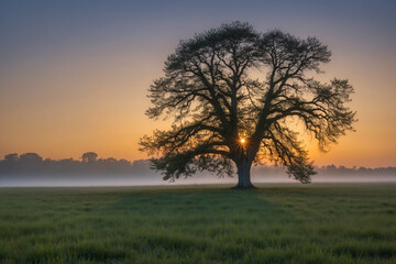 Obraz premium Calm meadow with a lone tree, gradient morning sky, soft mist, glowing dew reflections in the golden sunrise