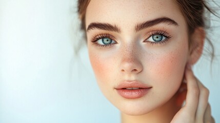 Obraz premium Beautiful woman with freckles touching her face showing perfect skin