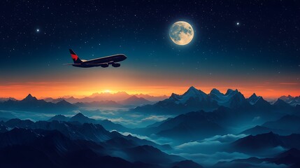 Naklejka premium An airplane is flying over a mountain range at dusk with a full moon and a starry sky in the background.