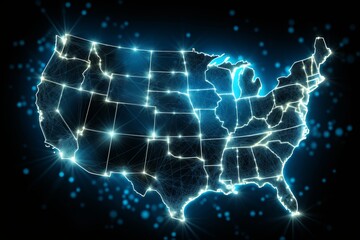Electric outline of the United States with glowing connections and stars. Generative AI