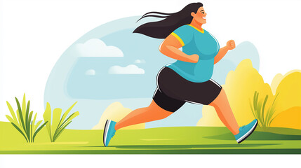 Illustration of a confident plus-size woman jogging outdoors