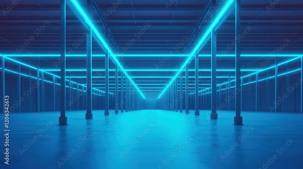 Poster a futuristic space illuminated with vibrant blue neon lights, featuring a symmetrical arrangement of