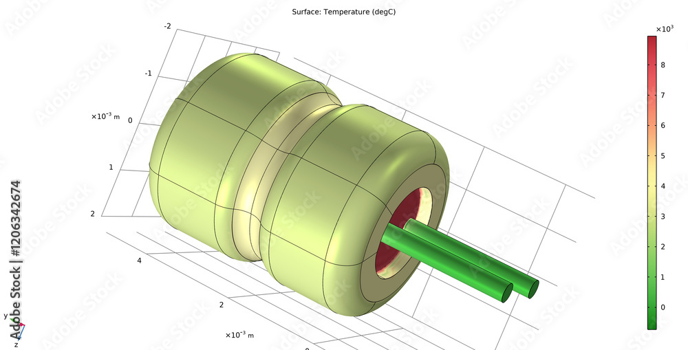 Poster computer joule heating 3d modeling of electronic component - capacitor. engineering technical temper