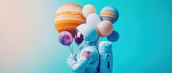 Astronaut in spacesuit holding planet balloons, concept of space exploration, fantasy and imagination