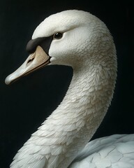 portrait of a swan with an elegant, curved neck and white feathers that shine in the light, displayed in close-up against a black background that emphasizes its grace