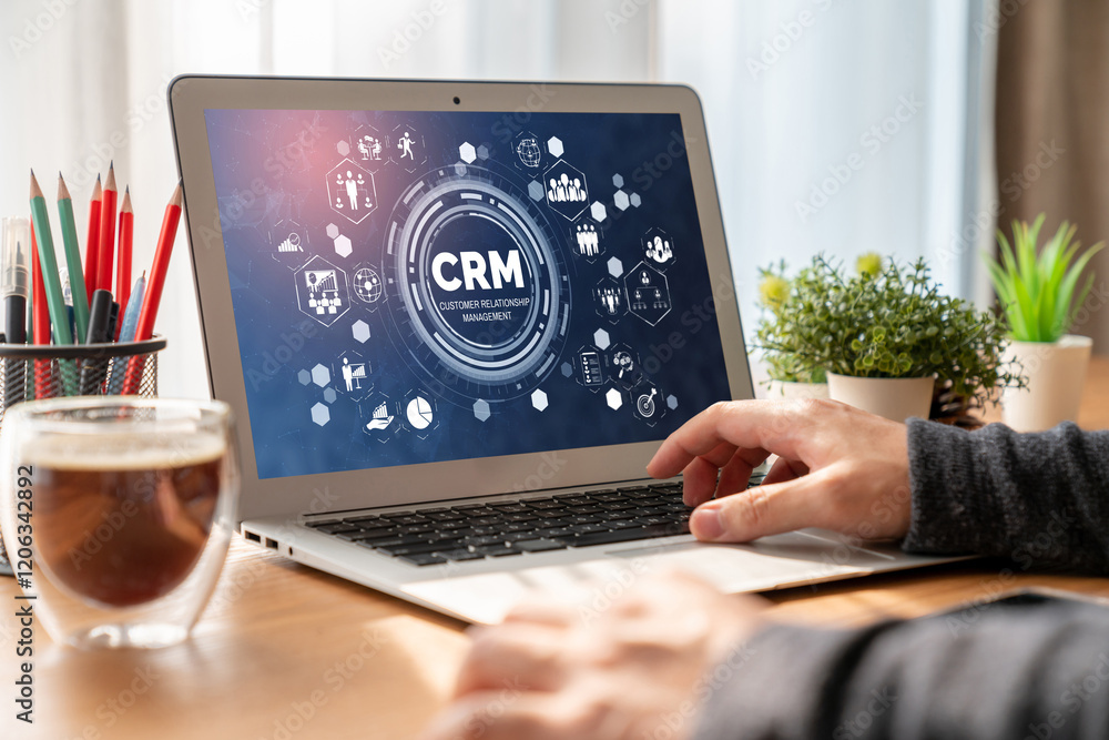 Poster customer relationship management system on modish computer for crm business and enterprise