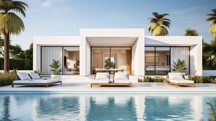 Fototapeta premium Modern villa beside serene swimming pool amidst palm trees in sunny paradise. Generative AI
