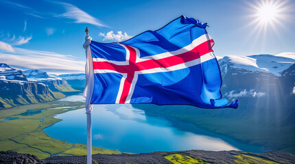The Icelandic flag flutters in the wind against a stunning backdrop of nature