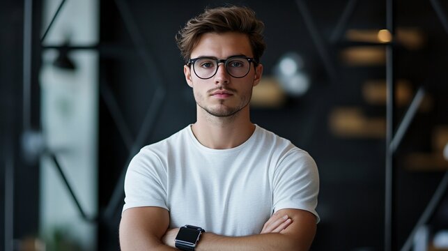 Confident young man wearing glasses and smartwatch with arms crossed in modern office