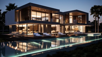 Obraz premium Contemporary villa illuminated at dusk by the tranquil poolside retreat. Generative AI