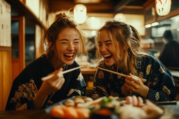 Two european women delight in a lively dining experience at a vibrant japanese restaurant