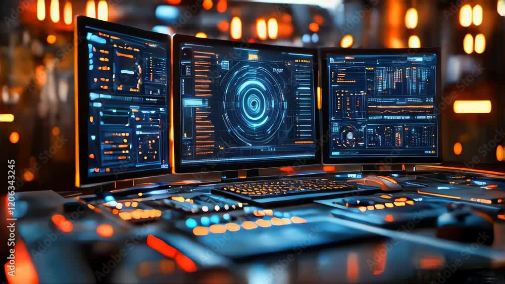Poster multiple computer monitors displaying analytical data and stock charts in a dimly lit control room, 
