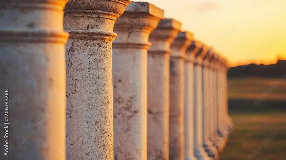 Poster a row of weathered columns stands against a sunset backdrop, showcasing architectural symmetry and a